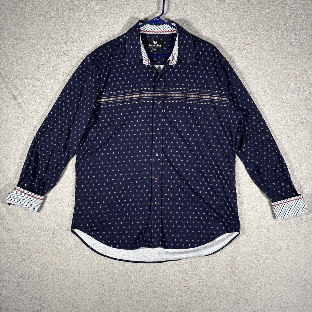 Butter Cloth Men's Button Down Shirt Size XL‎ Navy Blue Gold Geometric Western